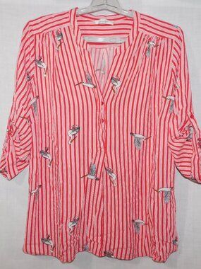 Mandee Red White Striped Heron Bird Print 3/4 Sleeve V neck Blouse Womens 2X